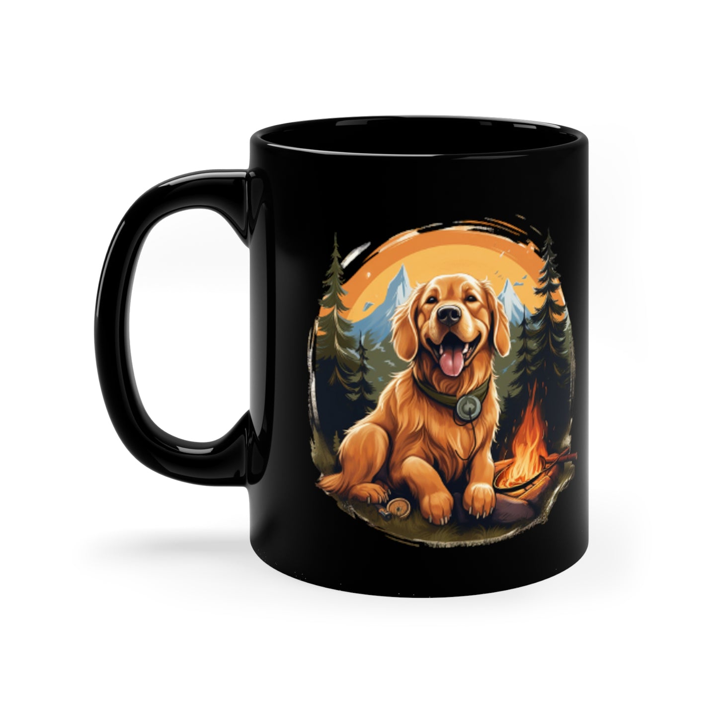 "Campfire Companion: Dawn Patrol" Golden Retriever Coffee Mug, 11oz Black Mug