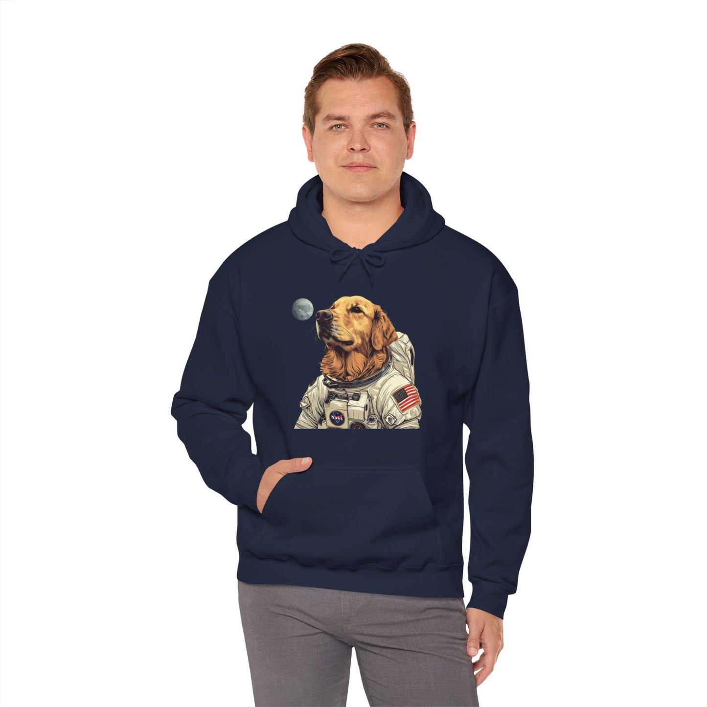 Blast off with the "Golden AstroPup" Hooded Sweatshirt!