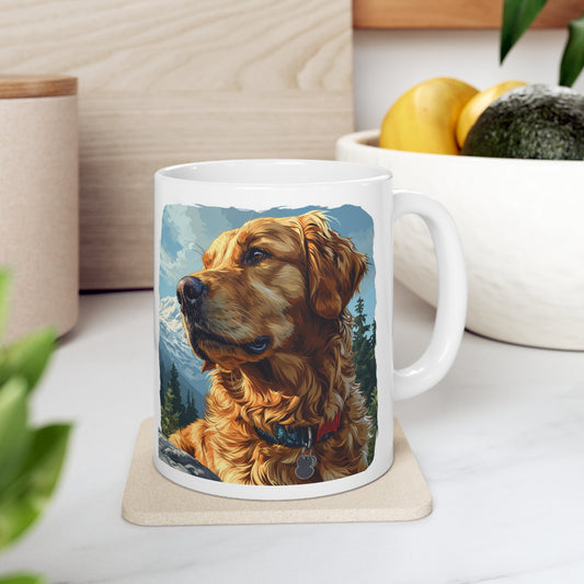 Capture the pawsome spirit of outdoor adventures with this delightful 11 oz mug featuring a charming golden retriever enjoying a camping trip in the forest.