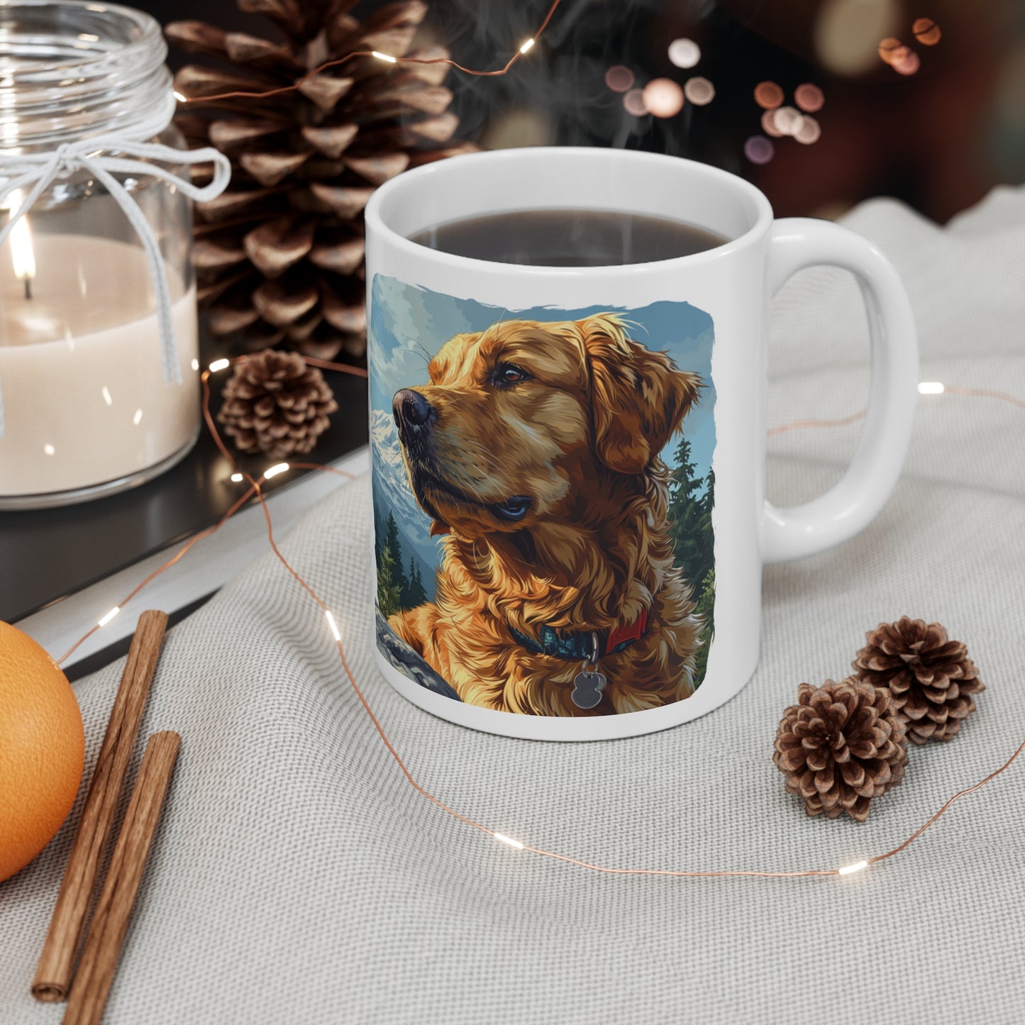 Capture the pawsome spirit of outdoor adventures with this delightful 11 oz mug featuring a charming golden retriever enjoying a camping trip in the forest.