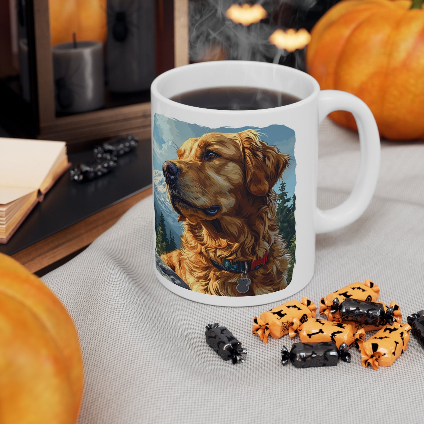 Capture the pawsome spirit of outdoor adventures with this delightful 11 oz mug featuring a charming golden retriever enjoying a camping trip in the forest.