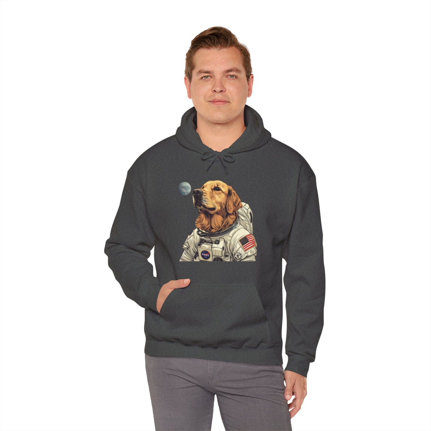 Blast off with the "Golden AstroPup" Hooded Sweatshirt!