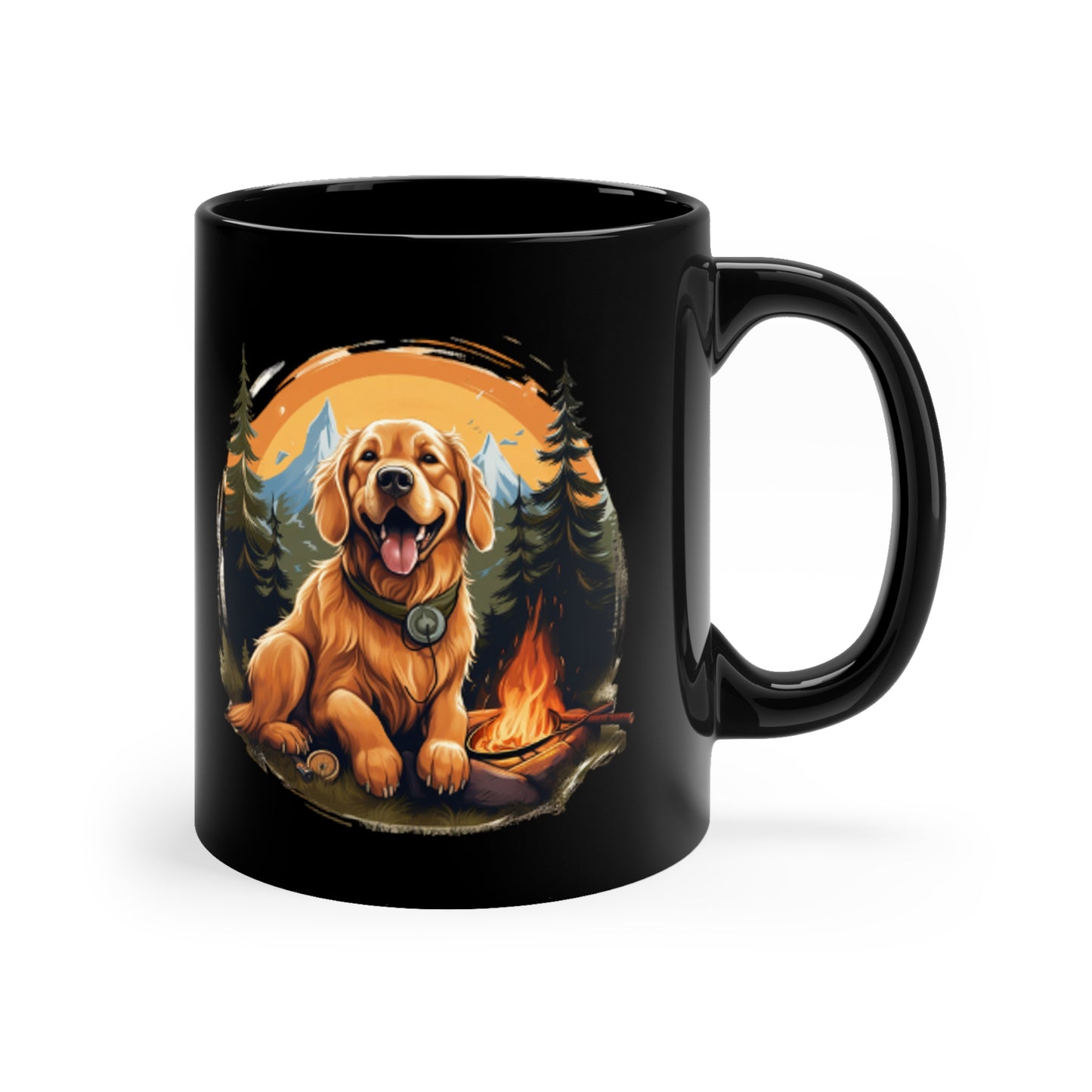 "Campfire Companion: Dawn Patrol" Golden Retriever Coffee Mug, 11oz Black Mug