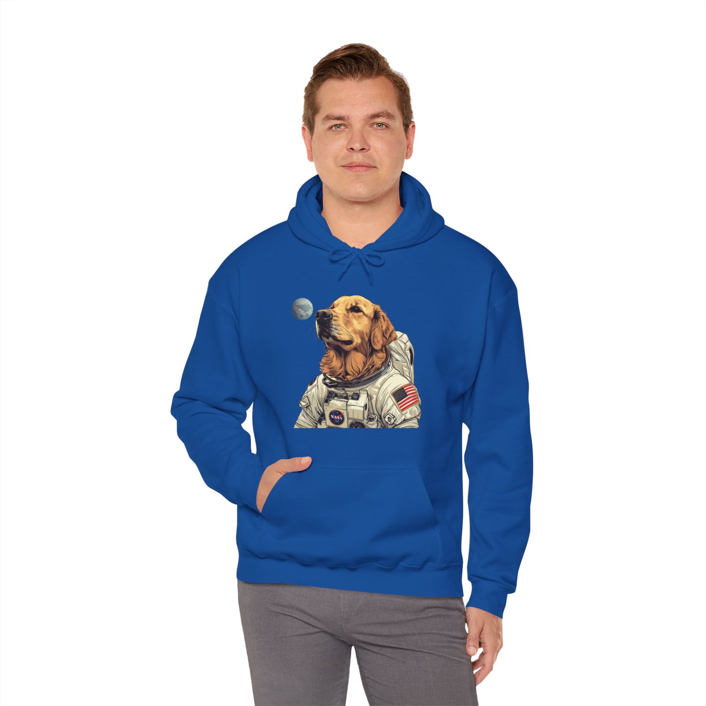 Blast off with the "Golden AstroPup" Hooded Sweatshirt!