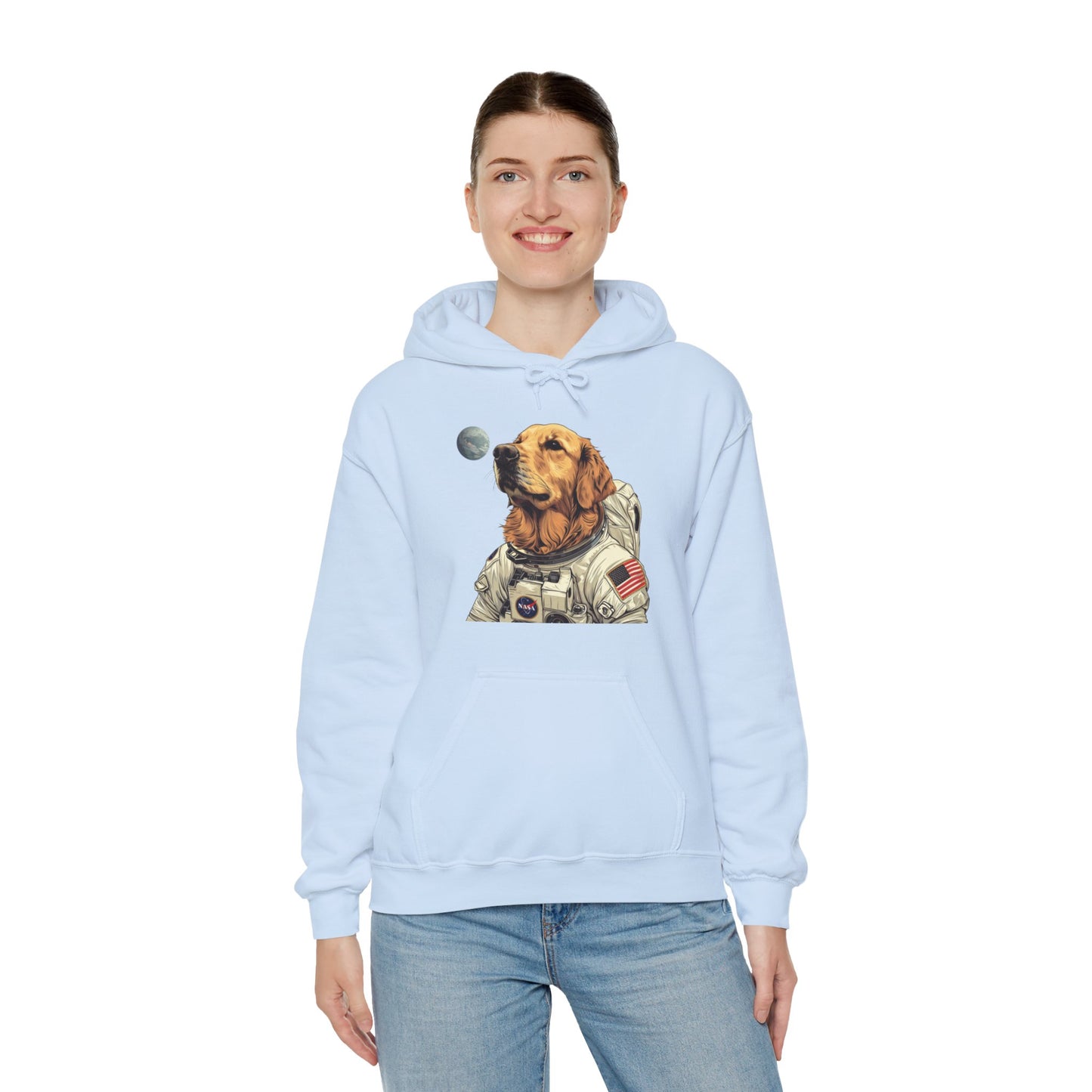 Blast off with the "Golden AstroPup" Hooded Sweatshirt!