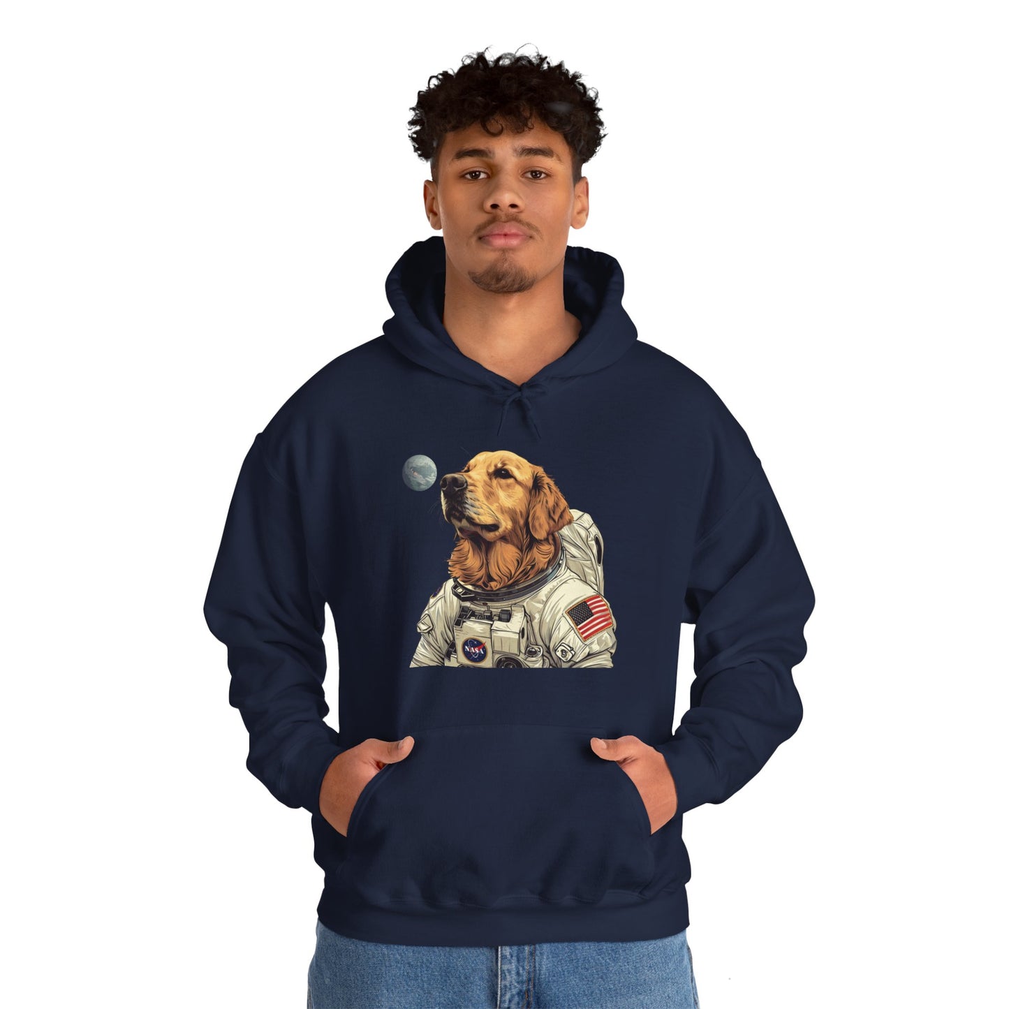 Blast off with the "Golden AstroPup" Hooded Sweatshirt!