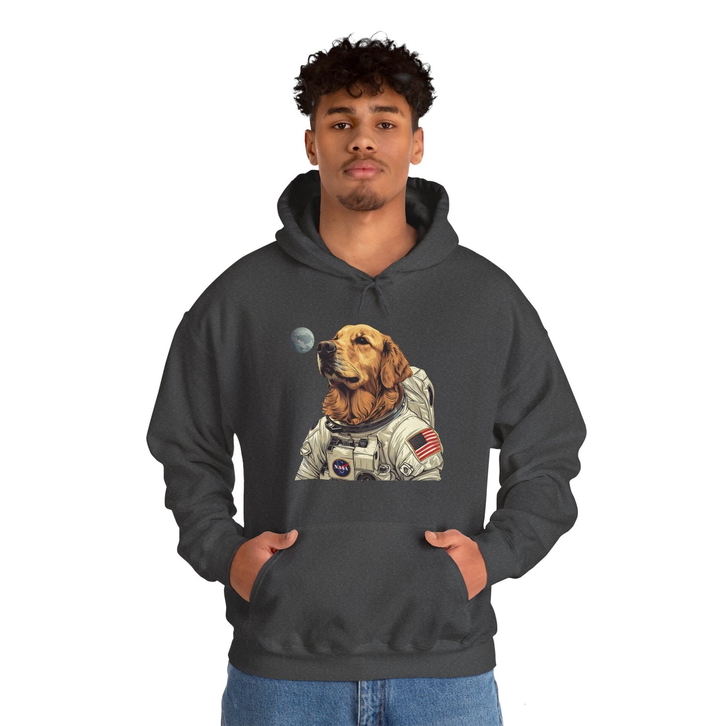 Blast off with the "Golden AstroPup" Hooded Sweatshirt!