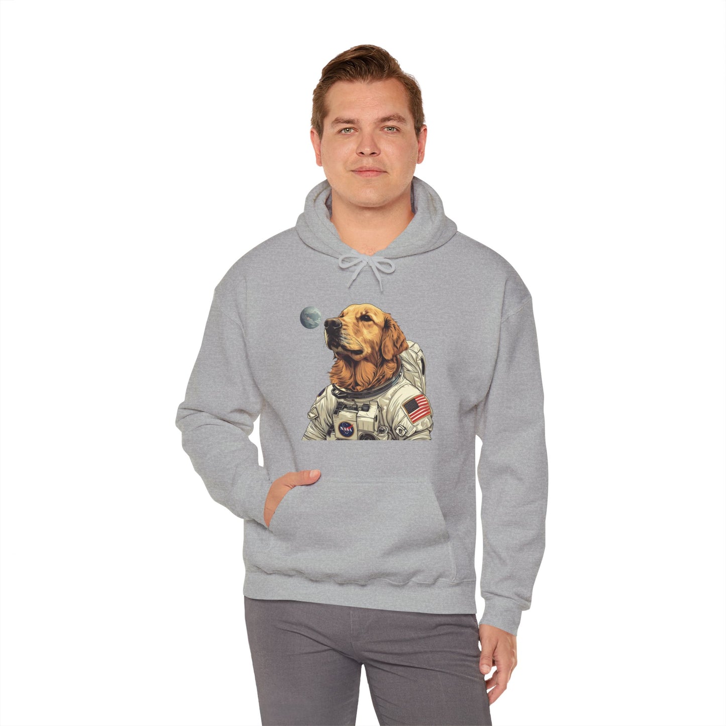 Blast off with the "Golden AstroPup" Hooded Sweatshirt!