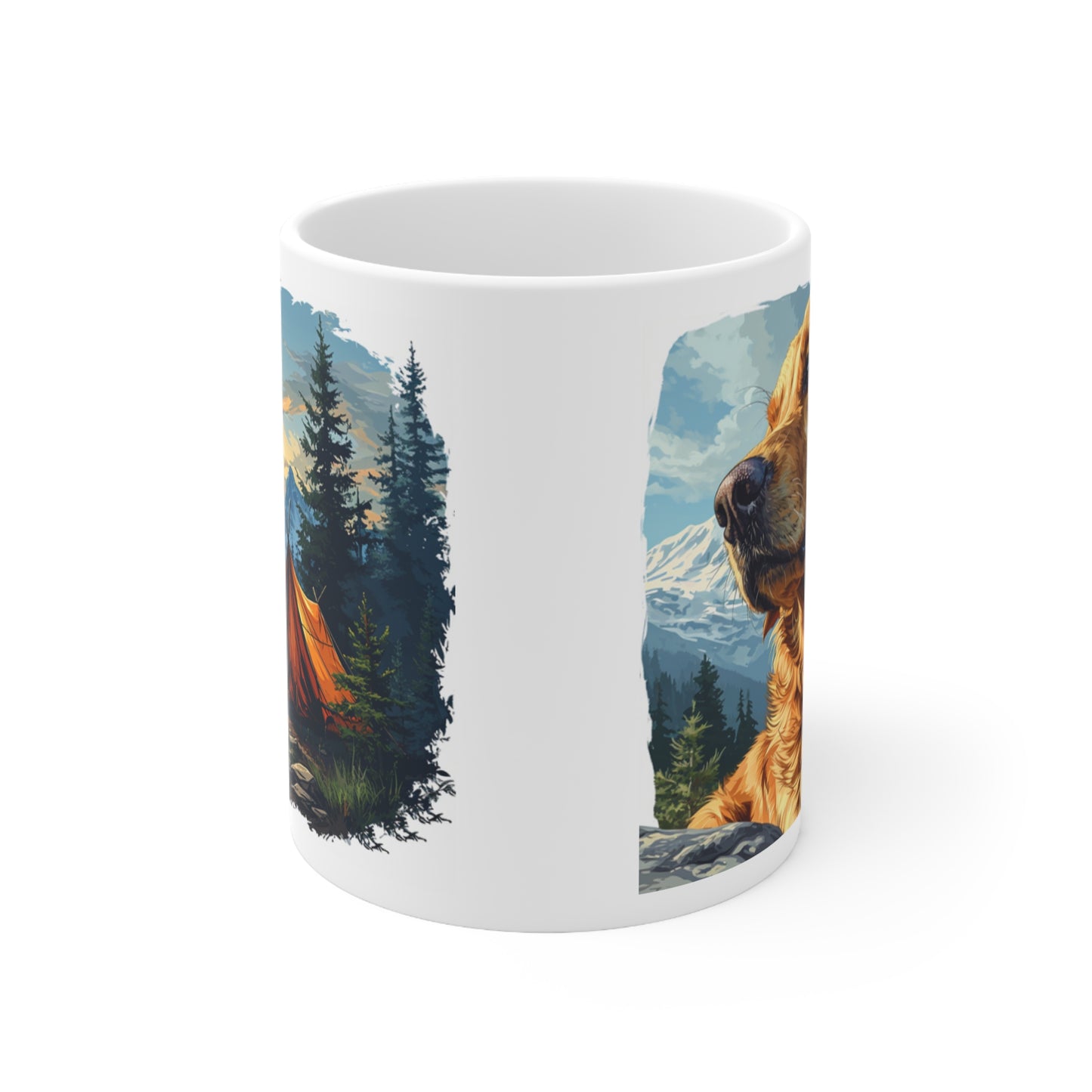 Capture the pawsome spirit of outdoor adventures with this delightful 11 oz mug featuring a charming golden retriever enjoying a camping trip in the forest.