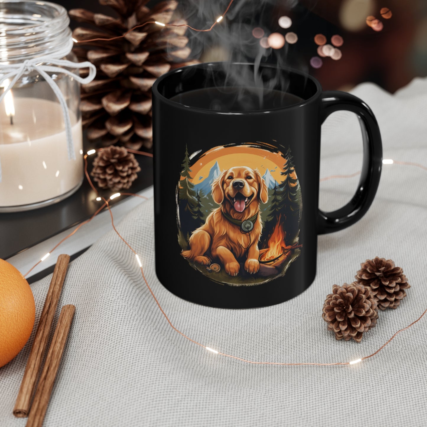 "Campfire Companion: Dawn Patrol" Golden Retriever Coffee Mug, 11oz Black Mug