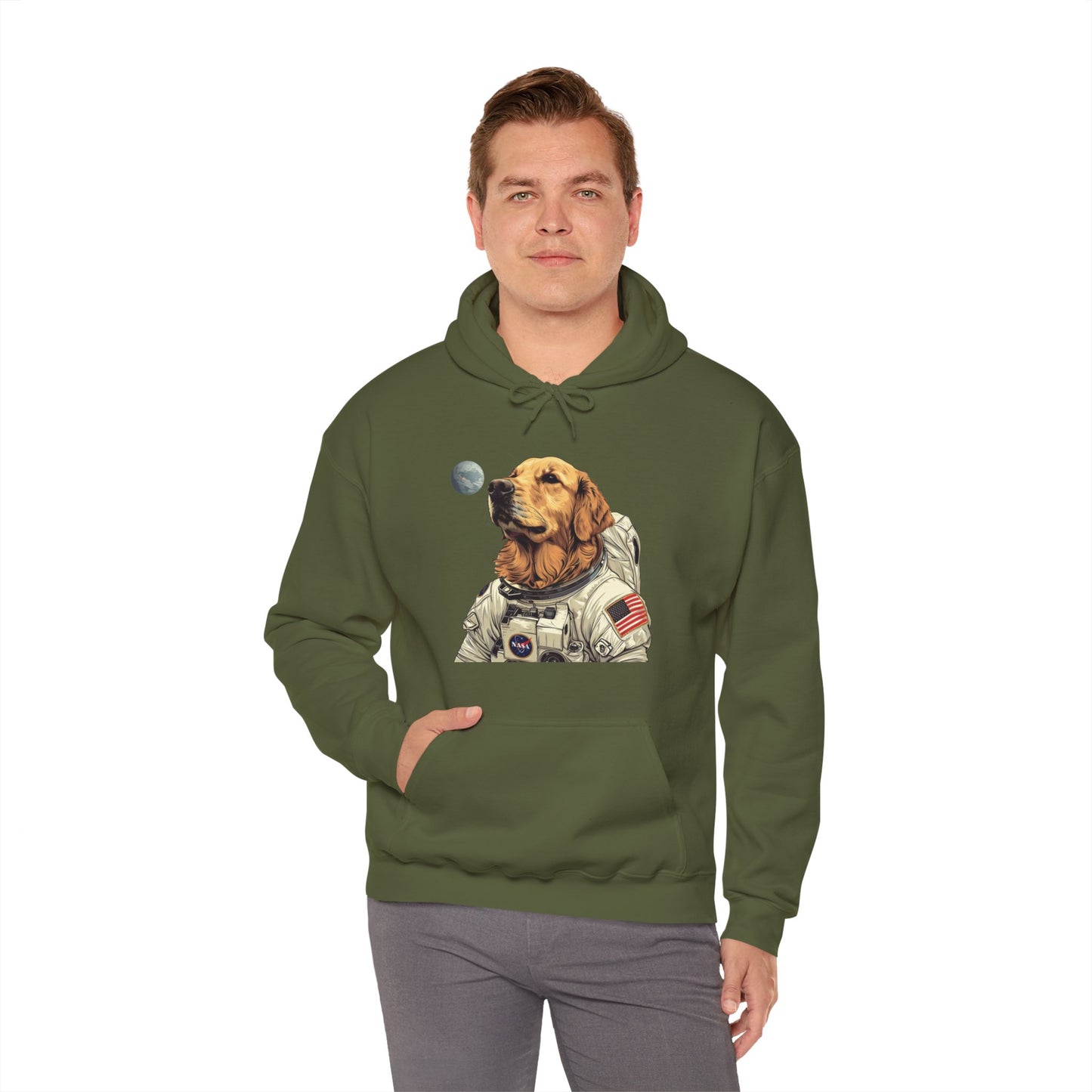 Blast off with the "Golden AstroPup" Hooded Sweatshirt!