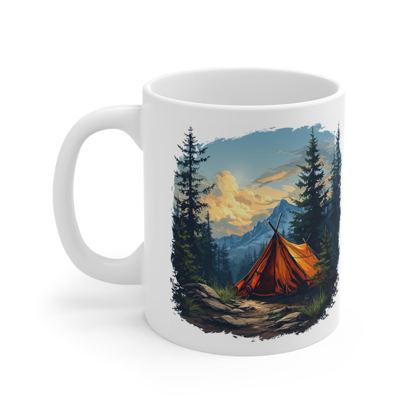 Capture the pawsome spirit of outdoor adventures with this delightful 11 oz mug featuring a charming golden retriever enjoying a camping trip in the forest.