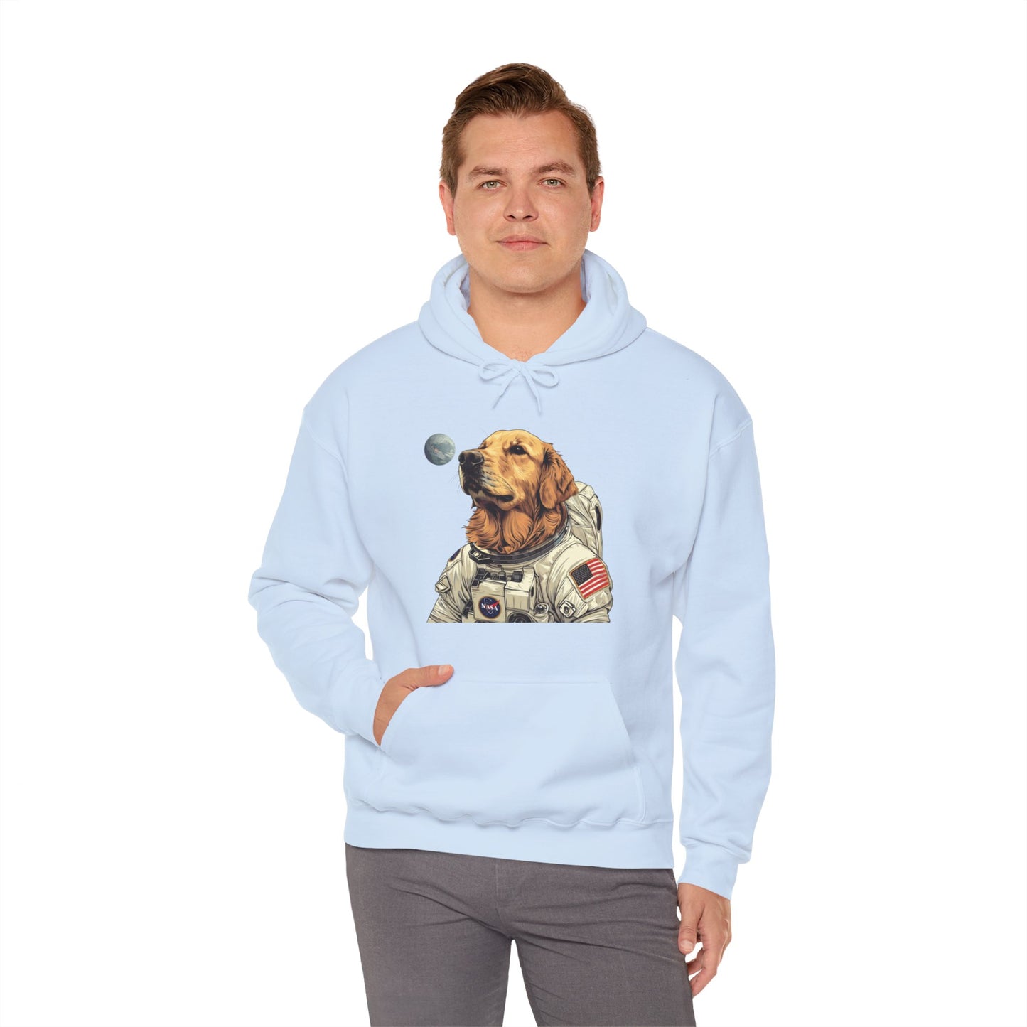 Blast off with the "Golden AstroPup" Hooded Sweatshirt!