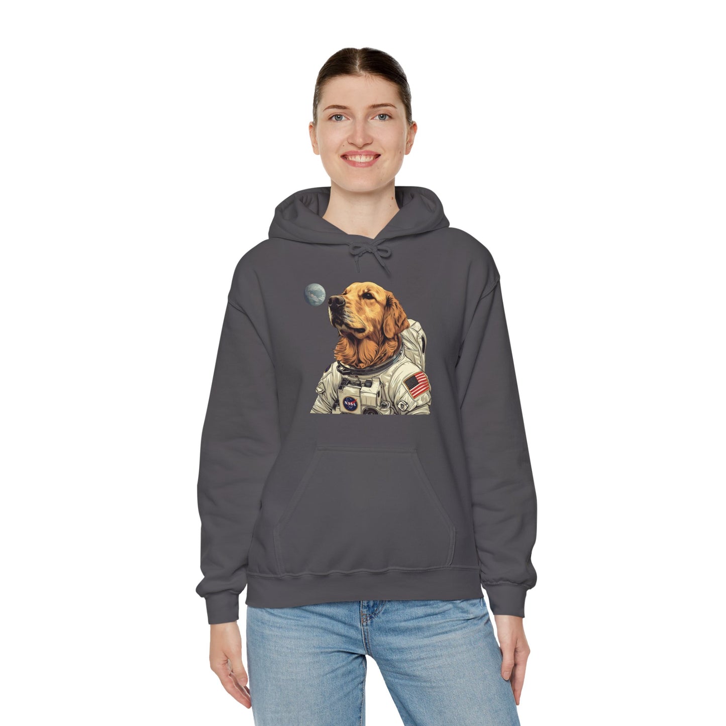 Blast off with the "Golden AstroPup" Hooded Sweatshirt!