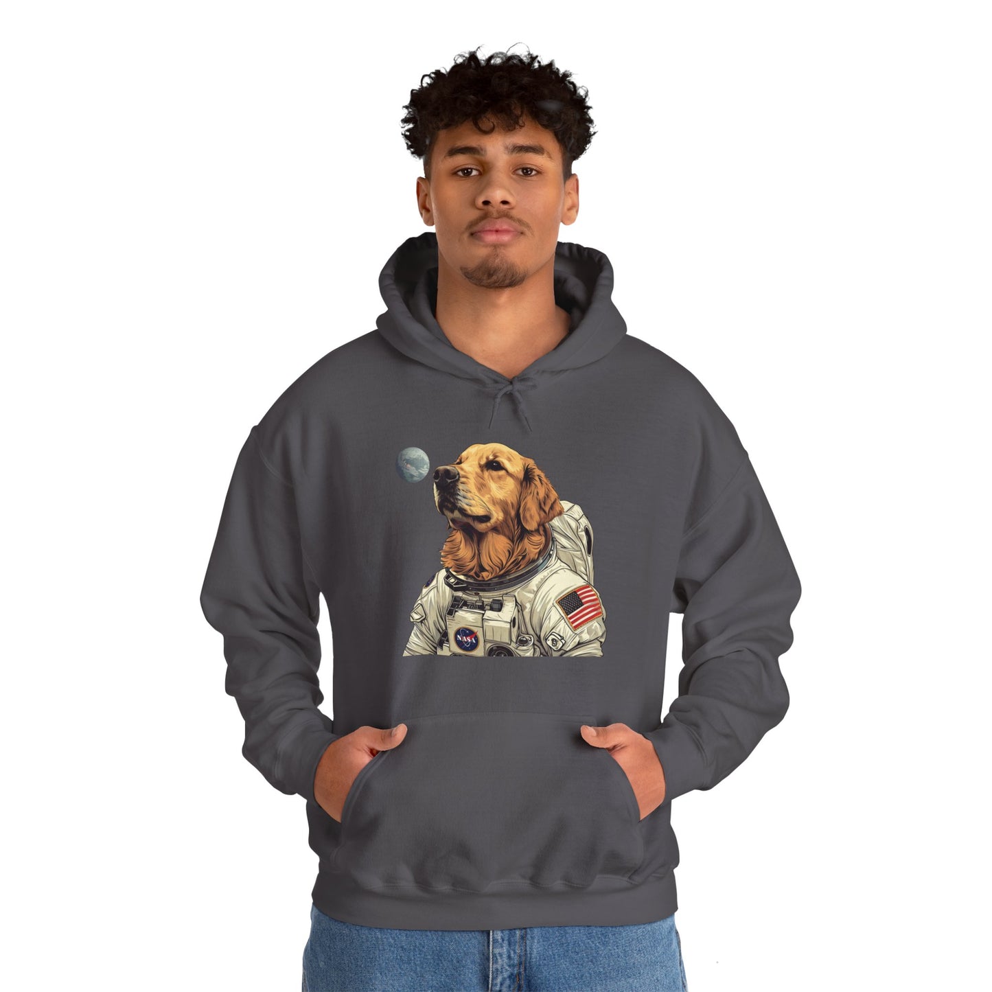 Blast off with the "Golden AstroPup" Hooded Sweatshirt!