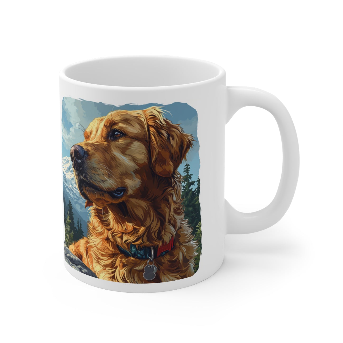 Capture the pawsome spirit of outdoor adventures with this delightful 11 oz mug featuring a charming golden retriever enjoying a camping trip in the forest.